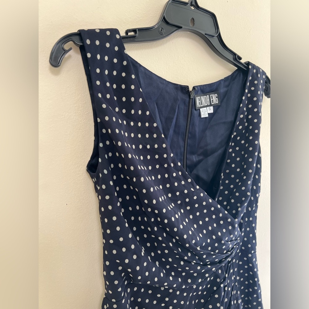 Melinda Eng Blue and white polka dotted Ruffled Tiered Midi Dress with scarf - Picture 7 of 11